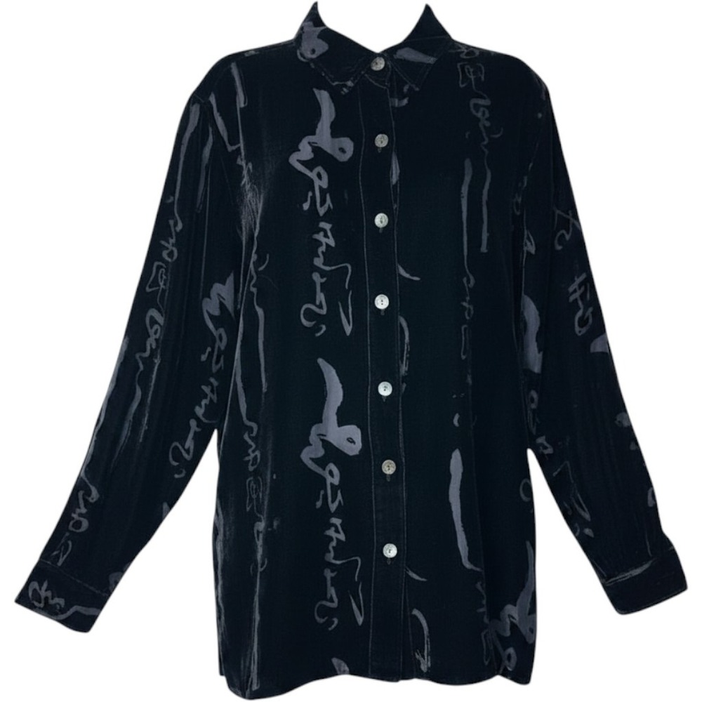Y2K Chicos Black Velvet Burnout Button Tunic Sz 0/SM Silk Mandarin Collar Blouse